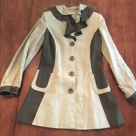 E.B. EVIE BELLE 100% Linen Green Jacket Ruffle Trench Flattering 2 Toned Duster - Picture 7 of 7